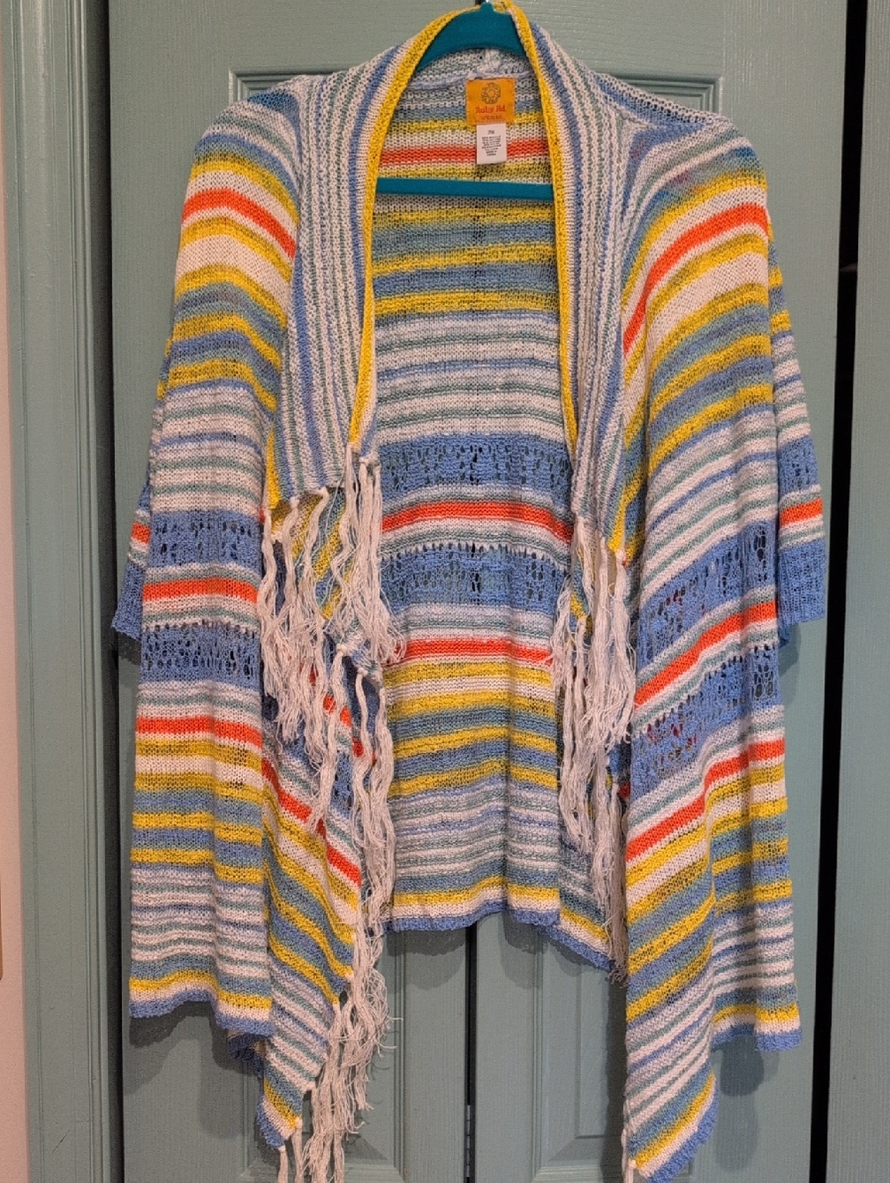 Ruby Rd. Striped Open-Front Fringe Cardigan in Blue, Yellow, White, Orange
